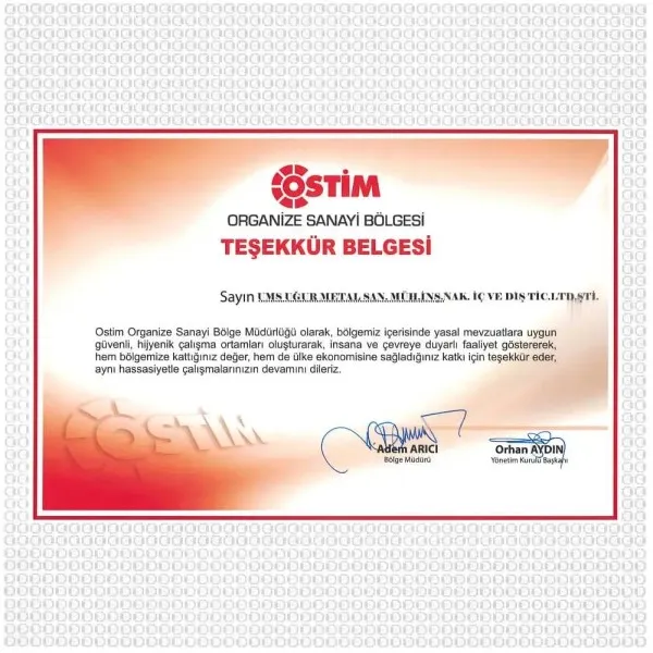 ACKNOWLEDGMENT FROM OSTİM OIZ DIRECTORATE